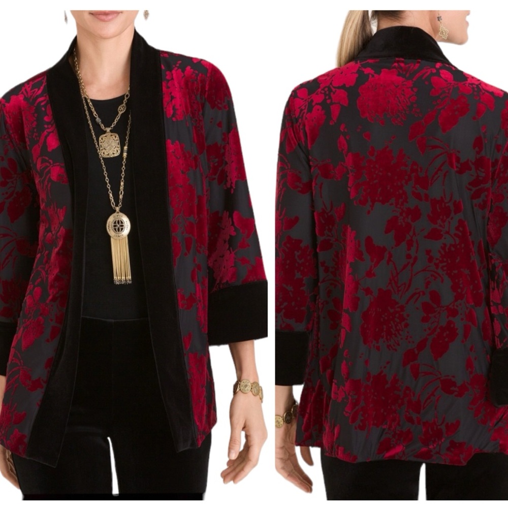 Chicos Travelers Collection Reversible Black To Red Velvet Floral Jacket NWT